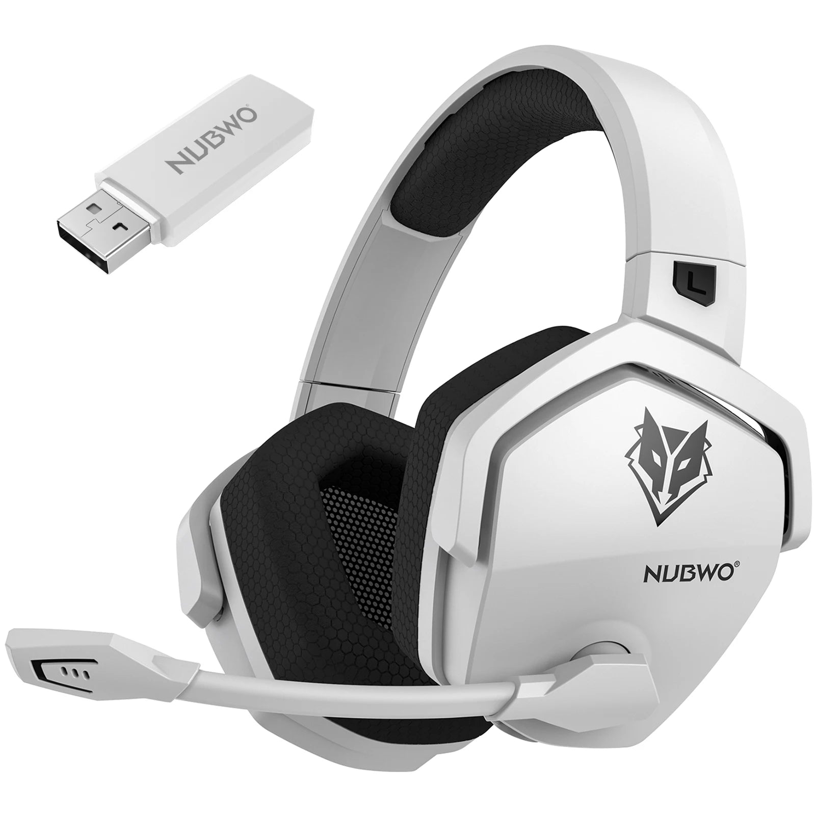 White gaming headset with NUBWO branding and a USB adapter on a white background
