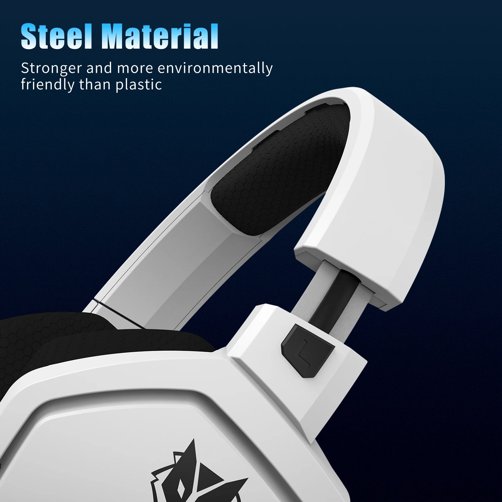 White gaming headset with black accents on a dark blue background, highlighting steel material.