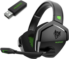 Black gaming headset with USB adapter on a white background, featuring Nubwo branding.