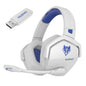 White gaming headset with blue accents and USB adapter on a white background