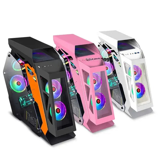 Three colorful computer case designs on a white background
