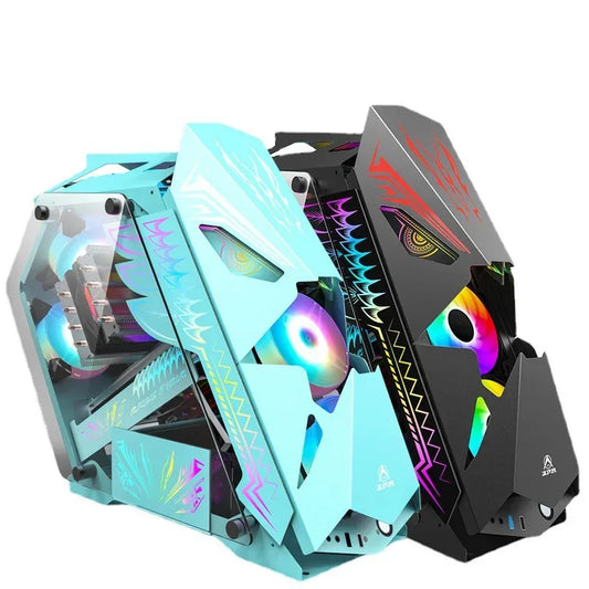 Two computer cases, one turquoise and one black with RGB lighting, on a white background.