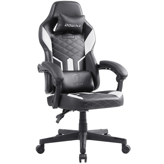 Black gaming chair with diamond pattern on a white background