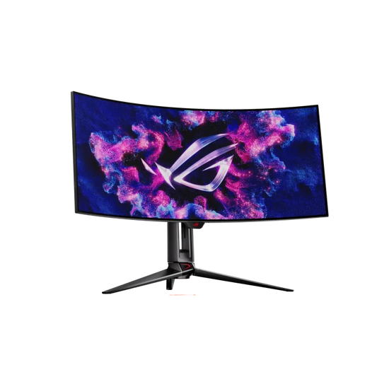 Gaming monitor with curved display and brand logo on a white background