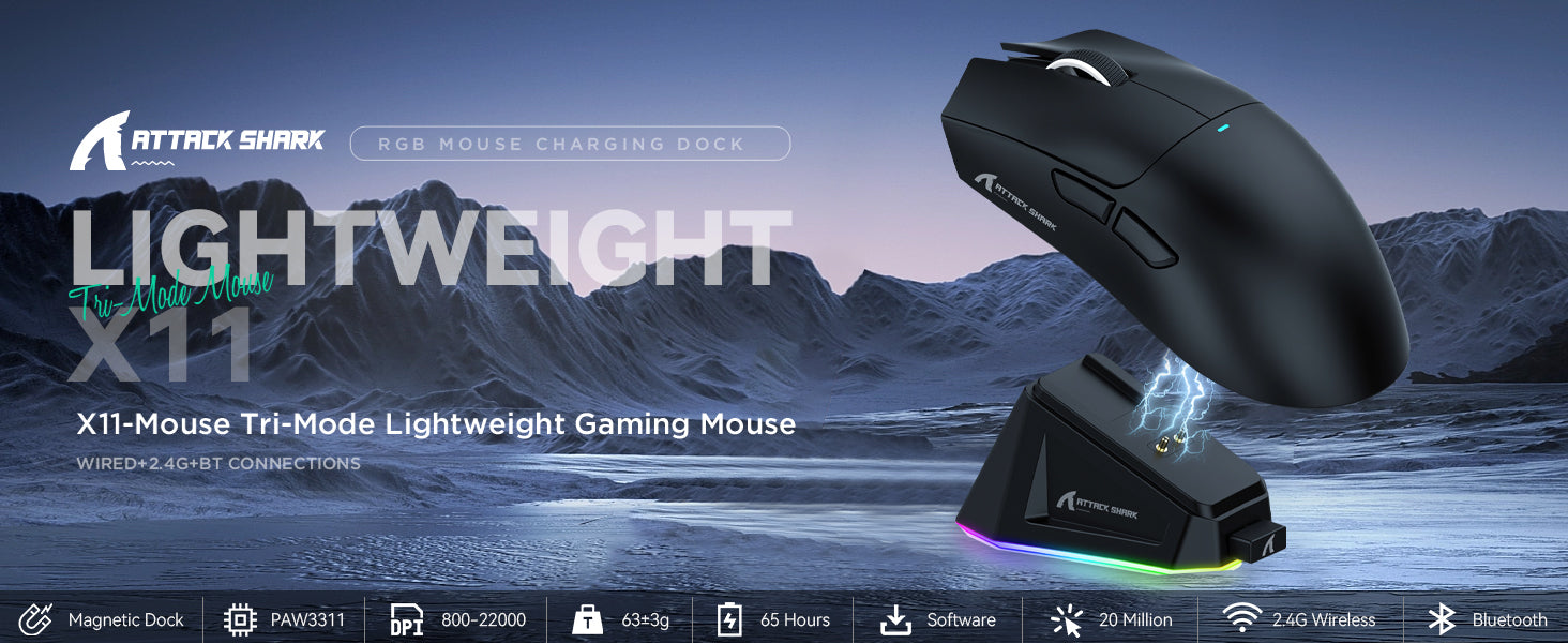 Gaming mouse and charging dock with mountainous landscape background