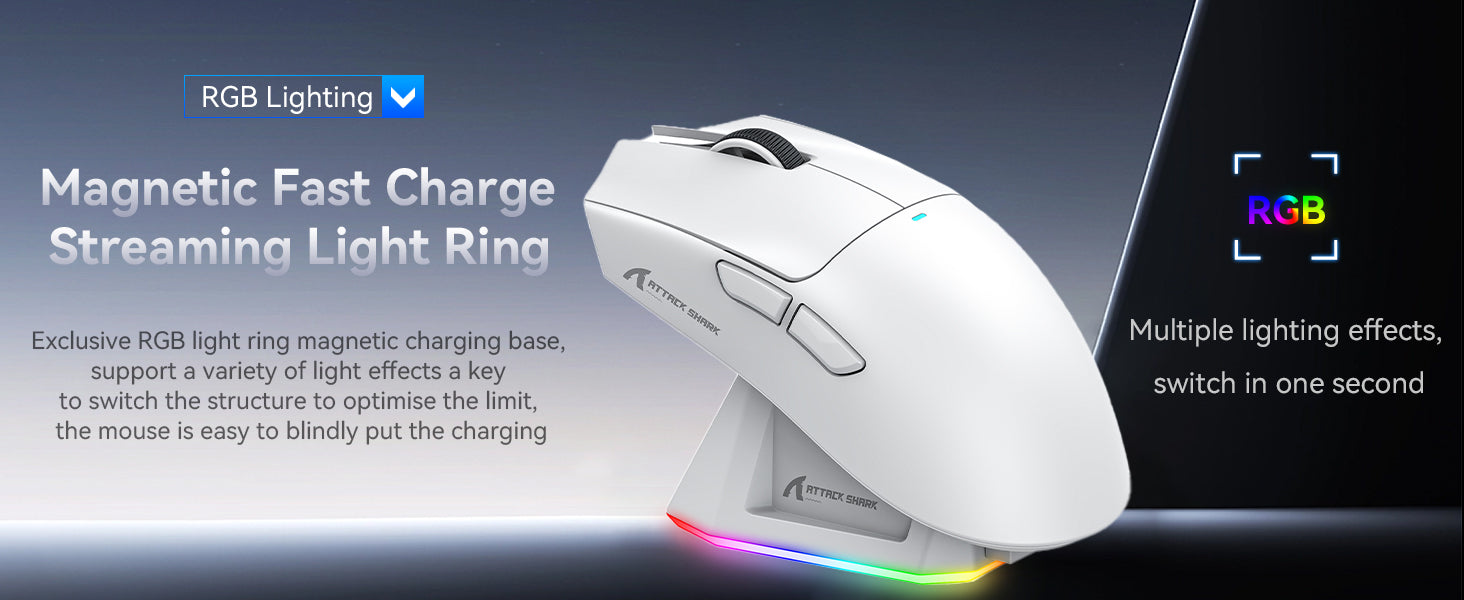 White gaming mouse with RGB lighting on a dark background