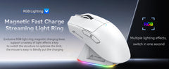 White gaming mouse with RGB lighting on a dark background