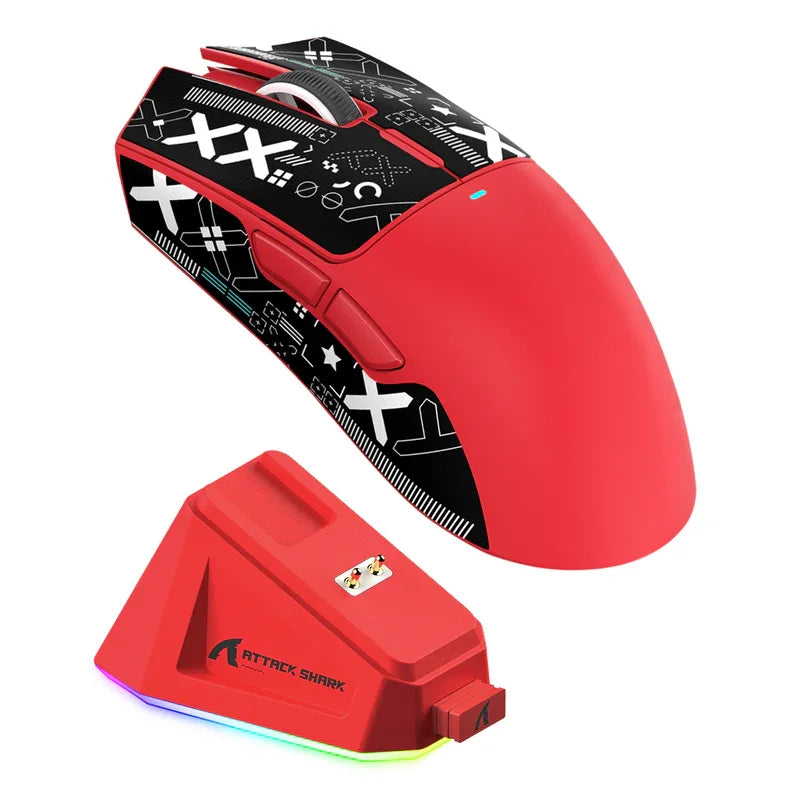 Red gaming mouse with black and white design on top, featuring 'Attack Shark' branding.