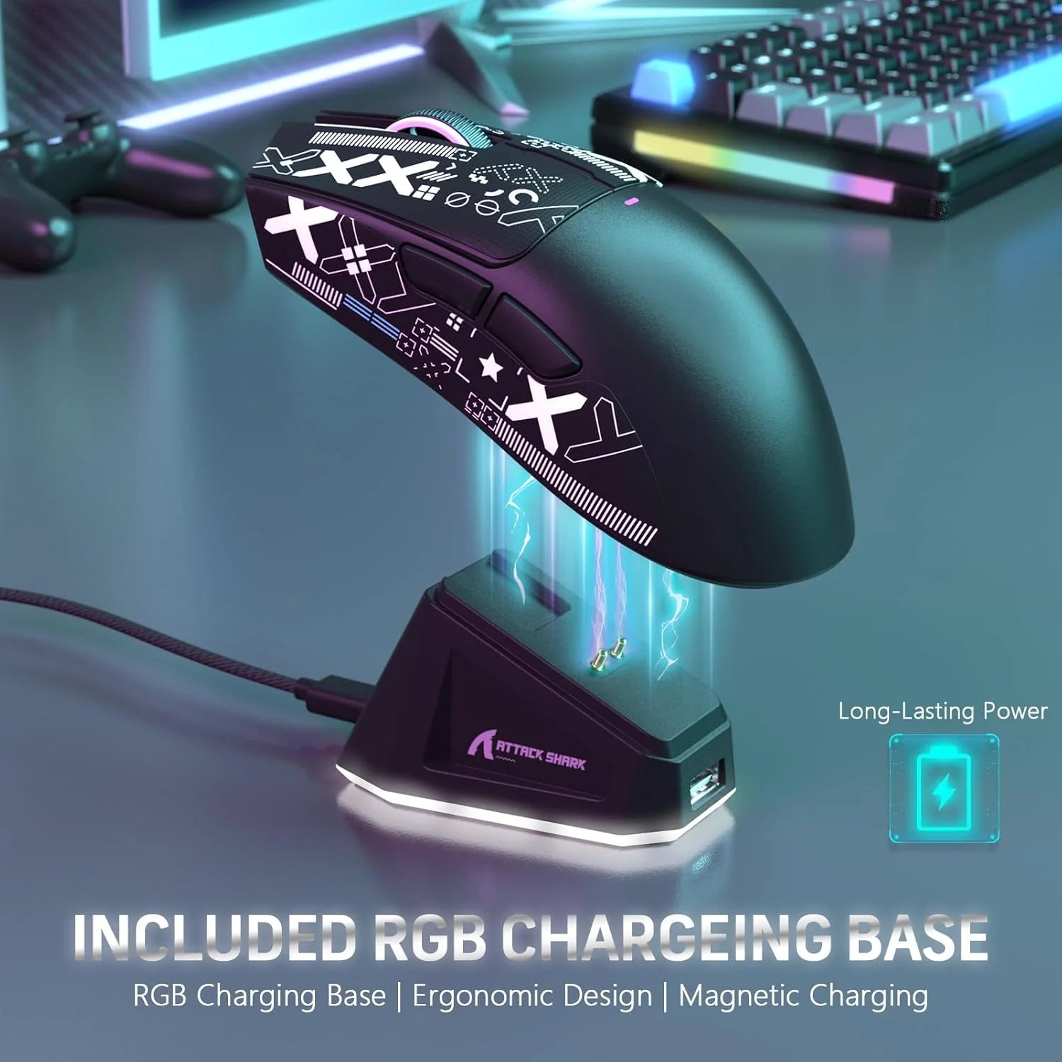 Gaming mouse with RGB charging base on a desk with computer equipment in the background