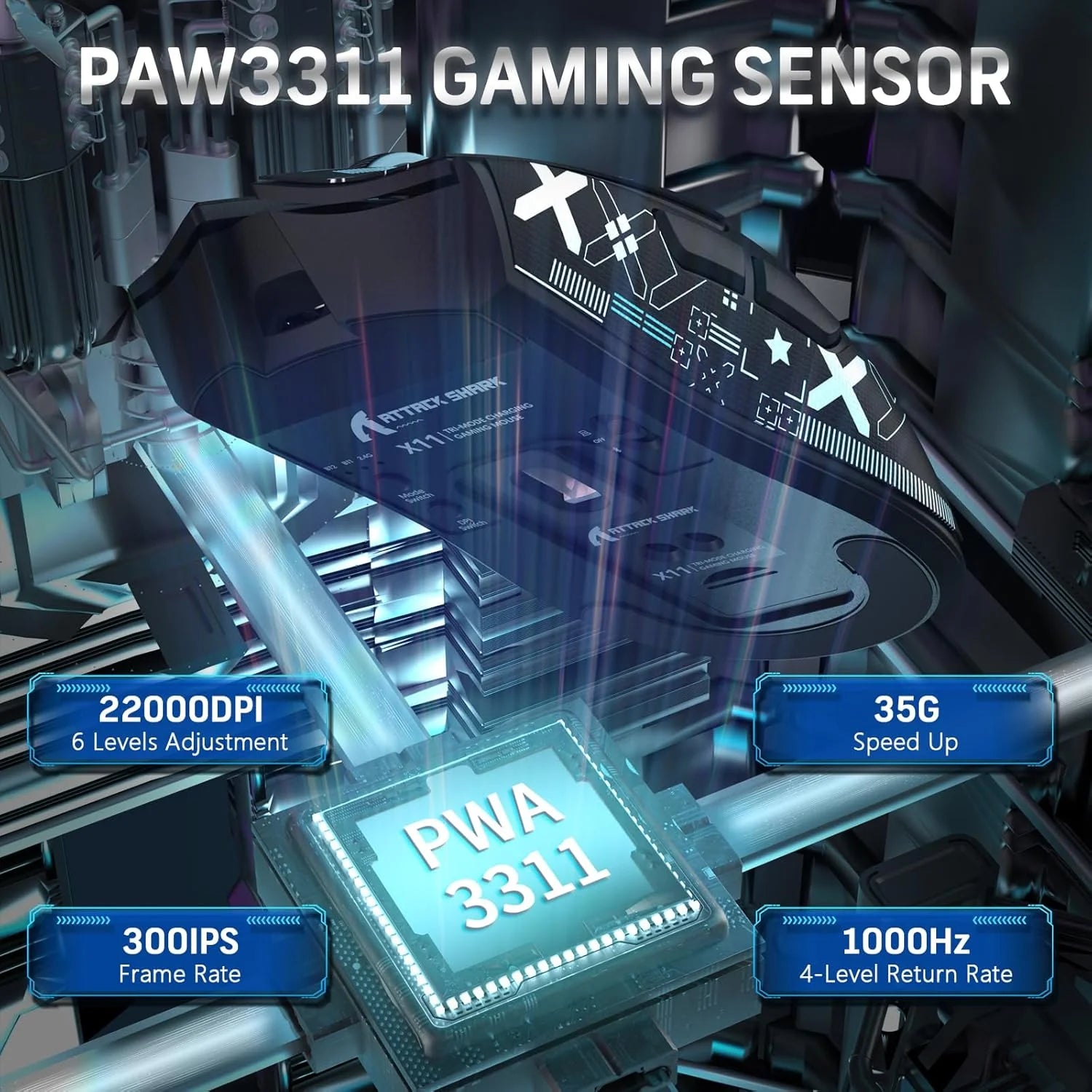 Gaming sensor with technical specifications on a futuristic background