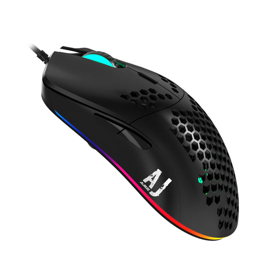 Black gaming mouse with colorful lighting on a white background