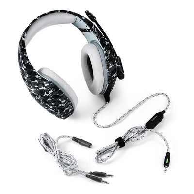 Black and white gaming headset with detachable microphone on a white background