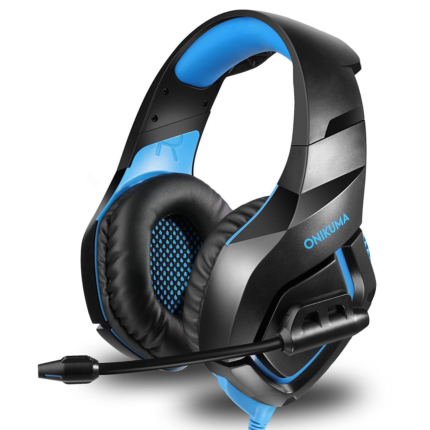 Black and blue gaming headset with microphone on a white background