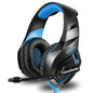 Black and blue gaming headset with microphone on a white background