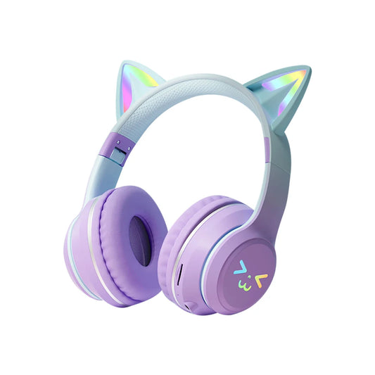 Purple headphones with cat ear design on a white background