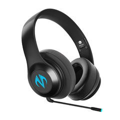 Black gaming headset with a logo on the ear cup against a white background