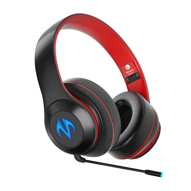 Black and red gaming headset with a blue logo on a white background