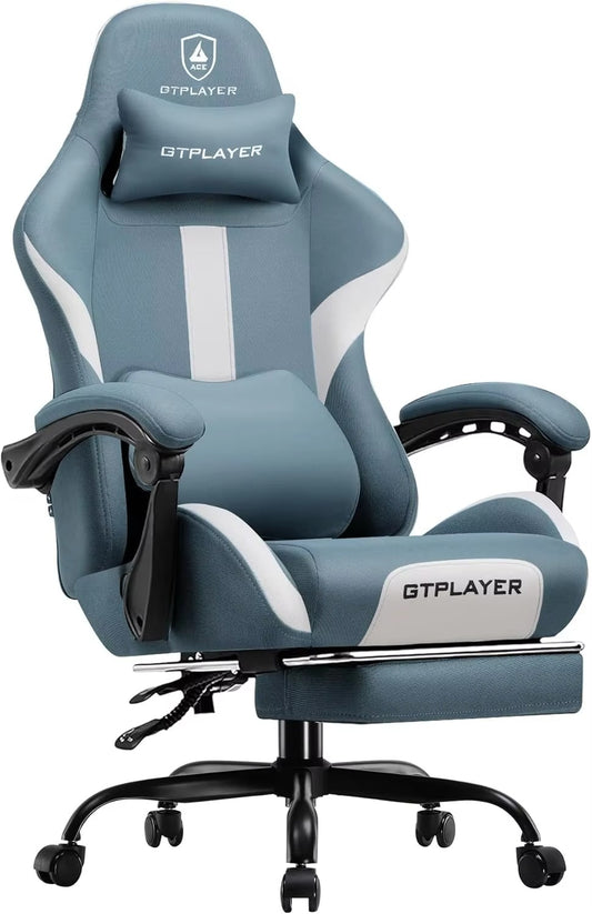 Blue gaming chair with white accents and GTPLAYER branding on a white background