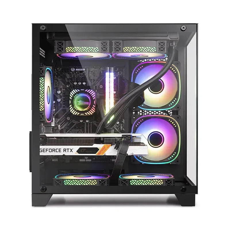 Computer case with RGB lighting and visible components on a white background