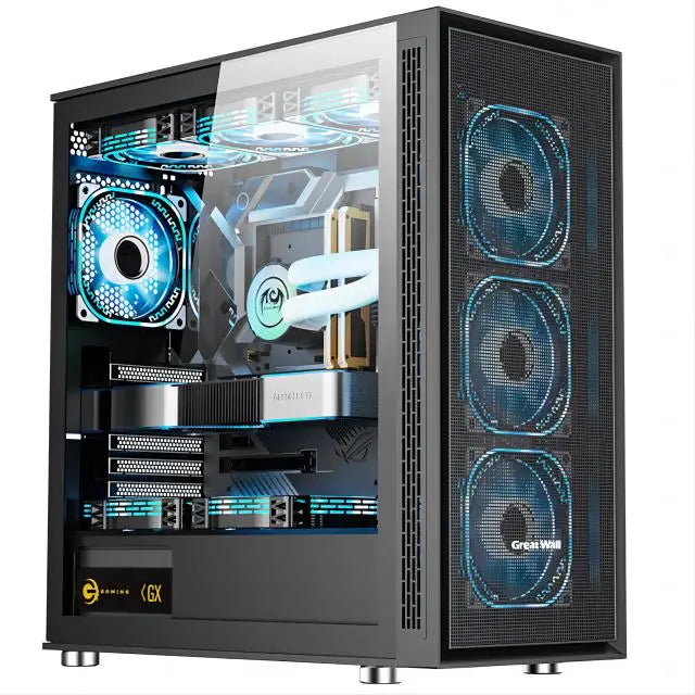 Computer case with visible internal components and blue LED lighting on a white background