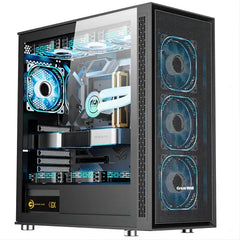 Computer case with visible internal components and blue LED lighting on a white background