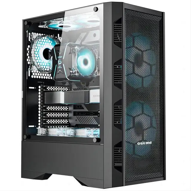 Computer case with visible internal components on a white background