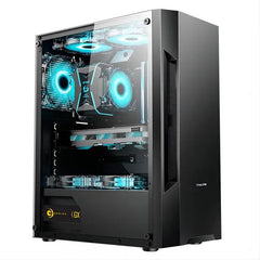 Computer gaming PC with visible cooling system and RGB lighting on a white background