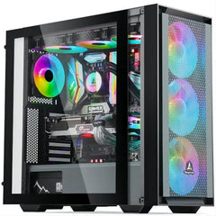 Computer case with RGB lighting and visible components on a white background
