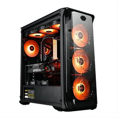 Glossy black computer case with orange LED lights on a white background