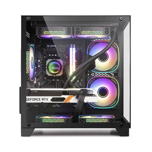 Computer case with RGB lighting and visible components on a white background