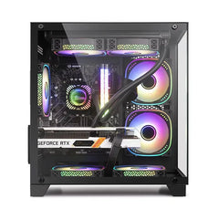 Computer case with RGB lighting and visible components on a white background