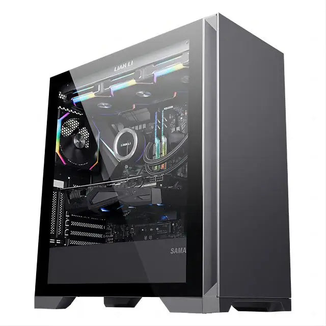 Computer case with transparent side panel showing internal components on a white background