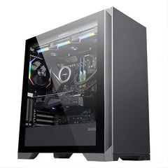 Computer case with transparent side panel showing internal components on a white background