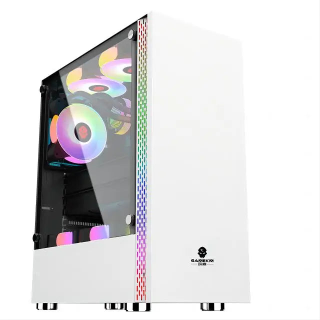 White computer case with RGB lighting and visible brand logo on a white background