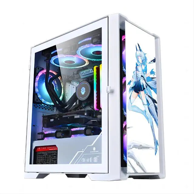 Computer case with RGB lighting and anime character design on a white background