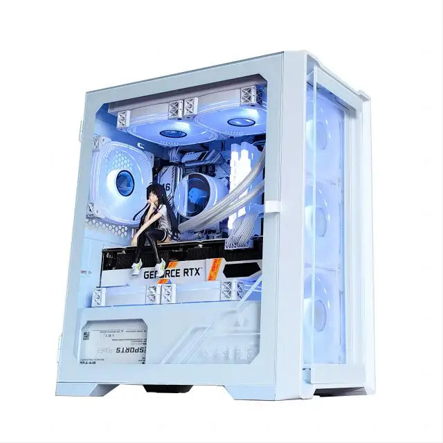 Glossy white gaming computer case with visible components on a white background