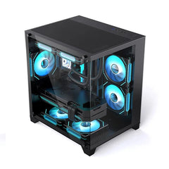 Computer case with blue LED lights on a white background