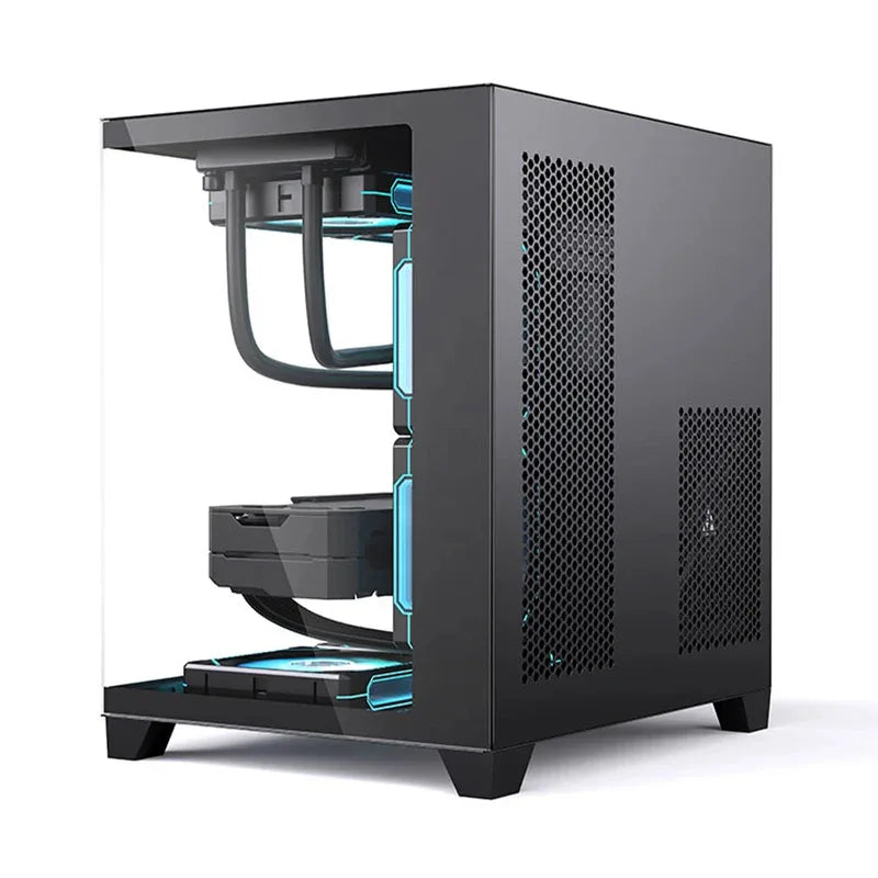 Black computer case with transparent side panel on a white background