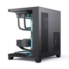 Black computer case with transparent side panel on a white background