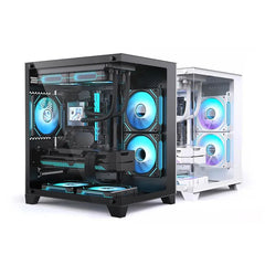 Two computer cases with RGB lighting on a white background