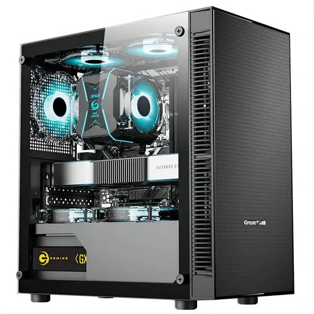 Open computer case with visible internal components on a white background