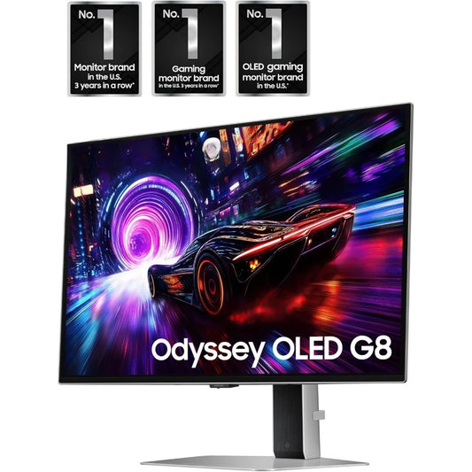 Gaming monitor with Odyssey OLED G8 branding and colorful display on a white background