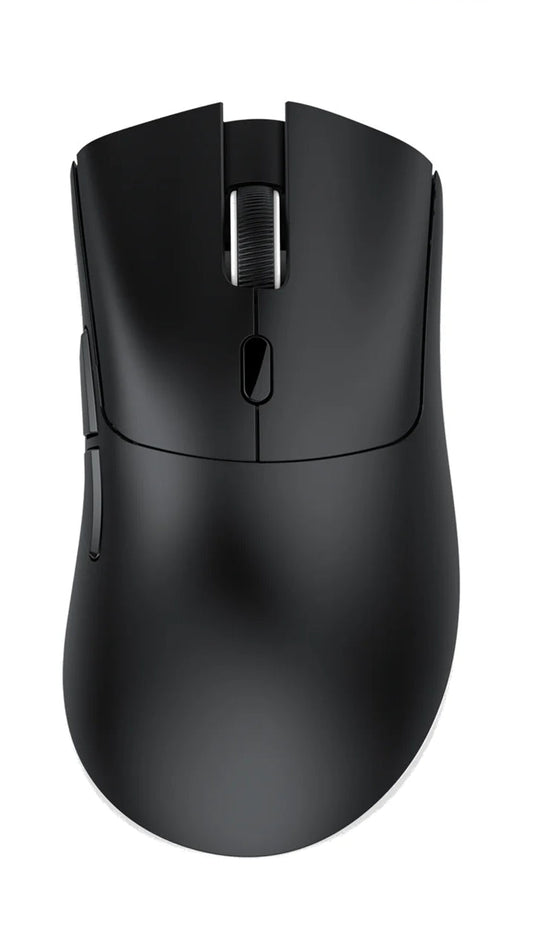 Black computer mouse with specifications on a white background, featuring the Attack Shark brand.