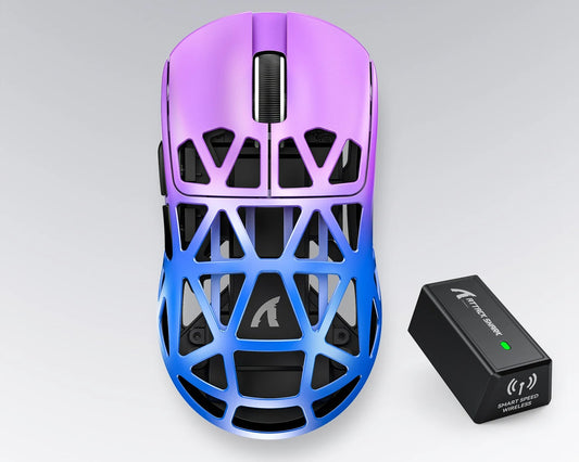 Colorful gaming mouse with receiver on a light gray background, featuring Attack Shark branding.