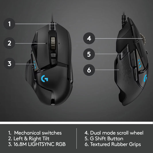 Gaming mouse with labeled features on a dark background