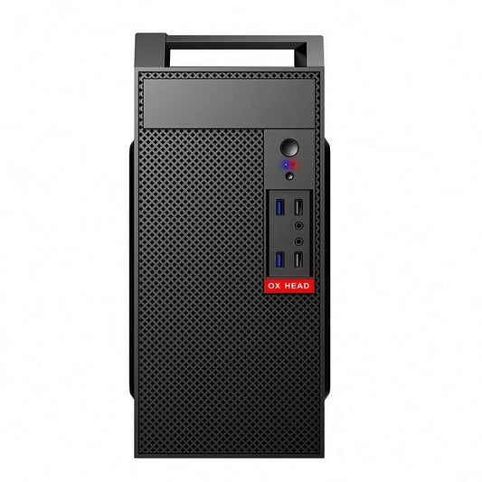 Black computer tower with a red label on a white background