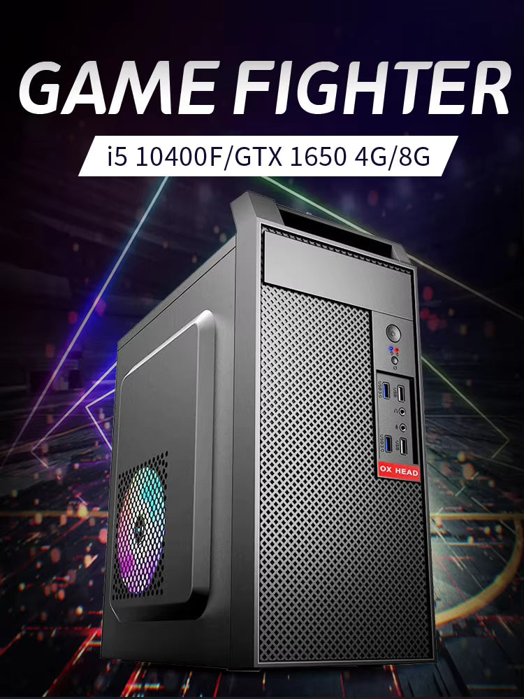 Gaming computer tower with 'Game Fighter' branding on a dark background