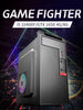 Gaming computer tower with 'Game Fighter' branding on a dark background