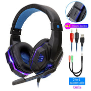 Gaming headset with LED lights, volume control, and adapter cable on a white background