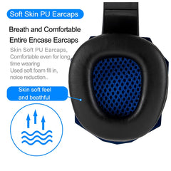Black earcap with blue interior and text highlighting features on a white background